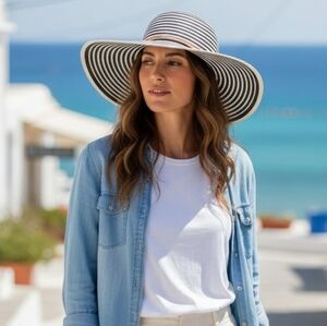 Beach Hat With Black And White Striped Pattern